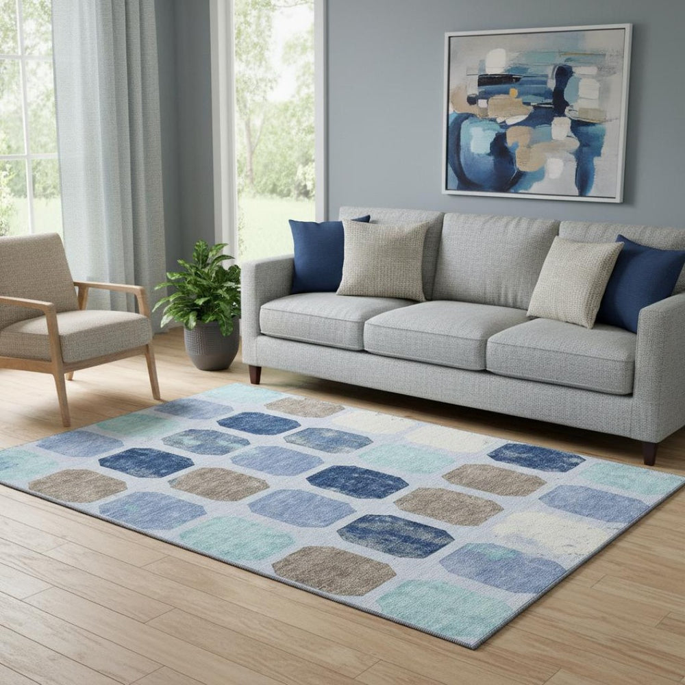 HomeRoots 8' Stylish Denim Blue, Brown, Teal Geometric Round Rug - Washable, UV Protected & Stain Resistant! 709195