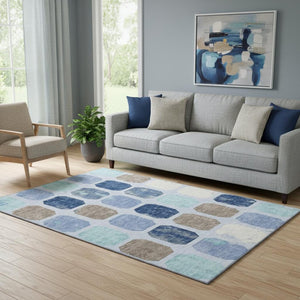 HomeRoots 8' Stylish Denim Blue, Brown, Teal Geometric Round Rug - Washable, UV Protected & Stain Resistant! 709195