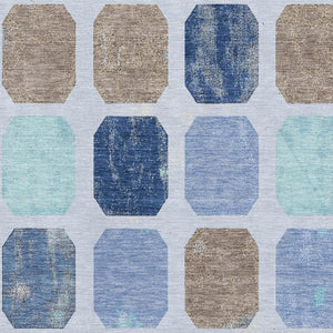 HomeRoots 8' Stylish Denim Blue, Brown, Teal Geometric Round Rug - Washable, UV Protected & Stain Resistant! 709195