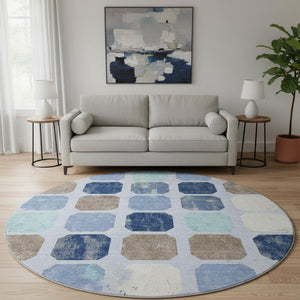 HomeRoots 8' X 10' Geometric Washable Area Rug in Denim Blue, Brown & Teal - UV Protected & Stain-Resistant! 709196