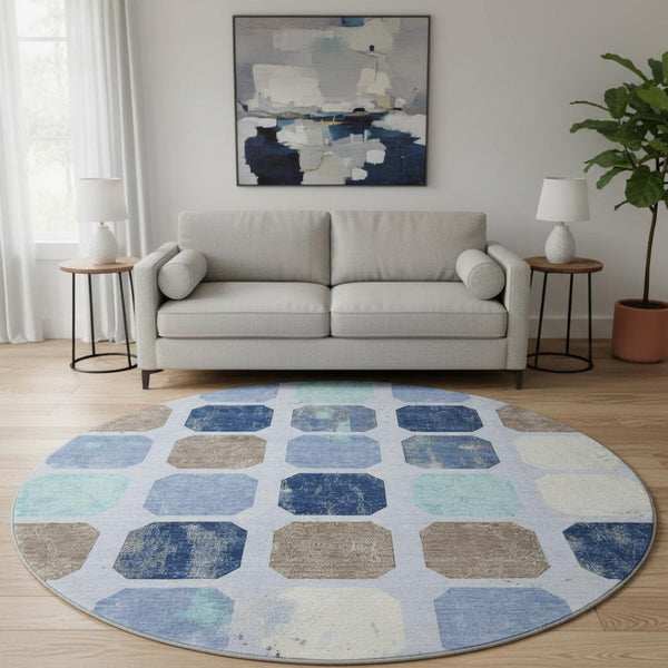 HomeRoots 8' X 10' Geometric Washable Area Rug in Denim Blue, Brown & Teal - UV Protected & Stain-Resistant! 709196