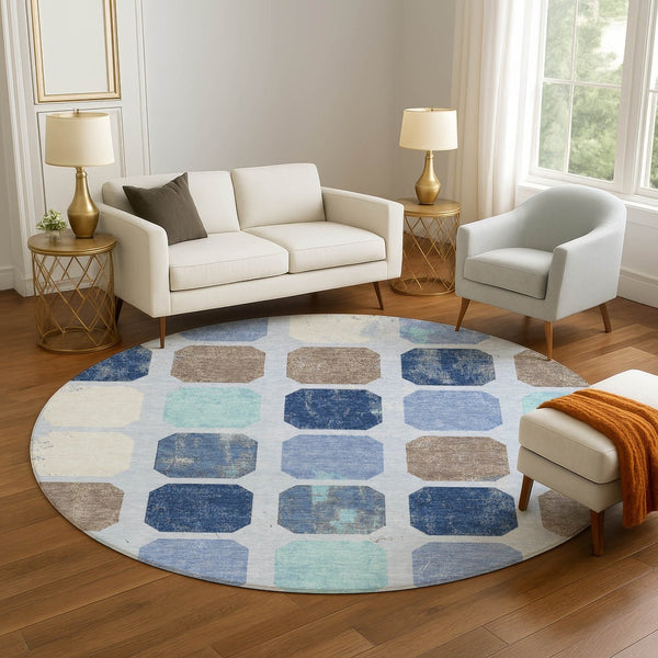 HomeRoots 8' X 10' Geometric Washable Area Rug in Denim Blue, Brown & Teal - UV Protected & Stain-Resistant! 709196