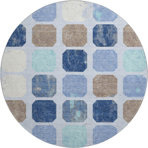 HomeRoots 8' X 10' Geometric Washable Area Rug in Denim Blue, Brown & Teal - UV Protected & Stain-Resistant! 709196