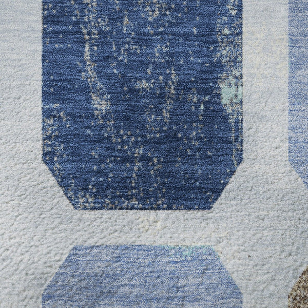 HomeRoots 8' X 10' Geometric Washable Area Rug in Denim Blue, Brown & Teal - UV Protected & Stain-Resistant! 709196