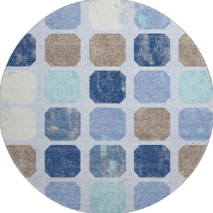 HomeRoots 8' X 10' Geometric Washable Area Rug in Denim Blue, Brown & Teal - UV Protected & Stain-Resistant! 709196
