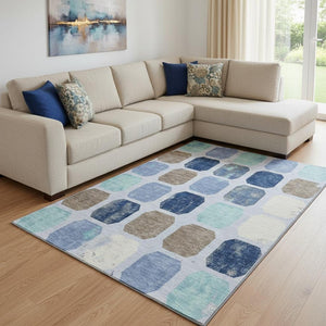 HomeRoots 9' X 12' Versatile Denim Blue, Brown & Teal Geometric Area Rug – Washable, UV-Protected & Durable! 709197