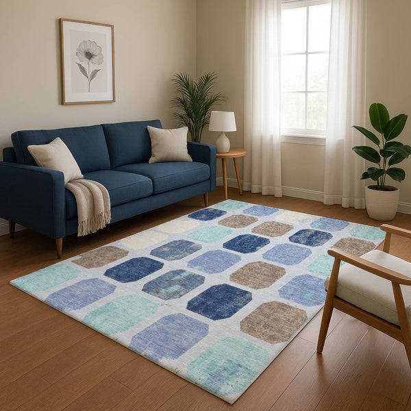 HomeRoots 9' X 12' Versatile Denim Blue, Brown & Teal Geometric Area Rug – Washable, UV-Protected & Durable! 709197