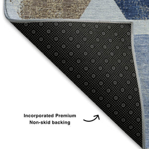 HomeRoots 9' X 12' Versatile Denim Blue, Brown & Teal Geometric Area Rug – Washable, UV-Protected & Durable! 709197