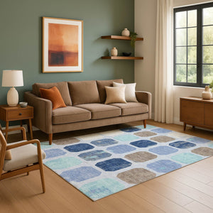 HomeRoots 9' X 12' Versatile Denim Blue, Brown & Teal Geometric Area Rug – Washable, UV-Protected & Durable! 709197