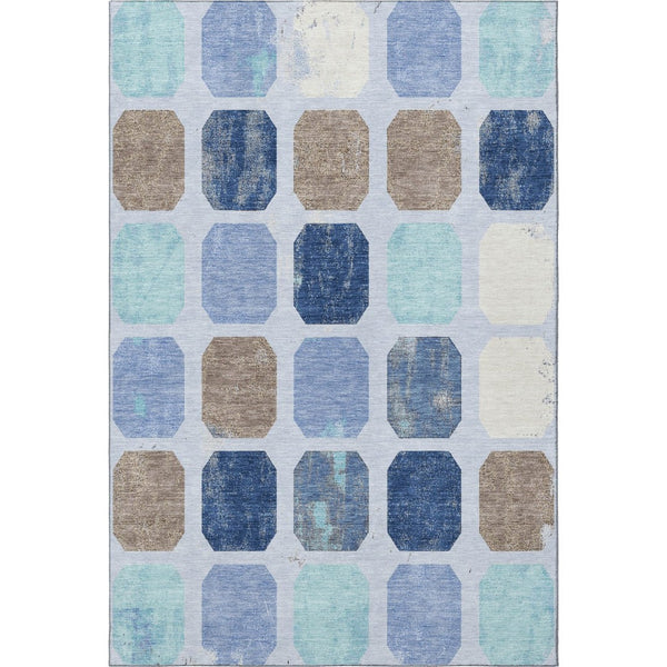 HomeRoots 9' X 12' Versatile Denim Blue, Brown & Teal Geometric Area Rug – Washable, UV-Protected & Durable! 709197