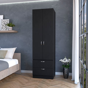 English Elm Tall Mayer Wardrobe Melamine 2 Doors 2 Drawers Black – Durable Bedroom Storage with Hanging Rod, Space-Saving Organizing Solution B128P203059