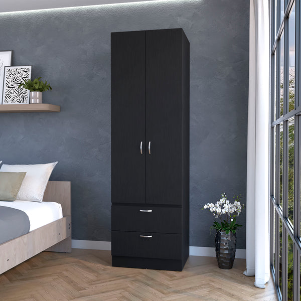 English Elm Tall Mayer Wardrobe Melamine 2 Doors 2 Drawers Black – Durable Bedroom Storage with Hanging Rod, Space-Saving Organizing Solution B128P203059