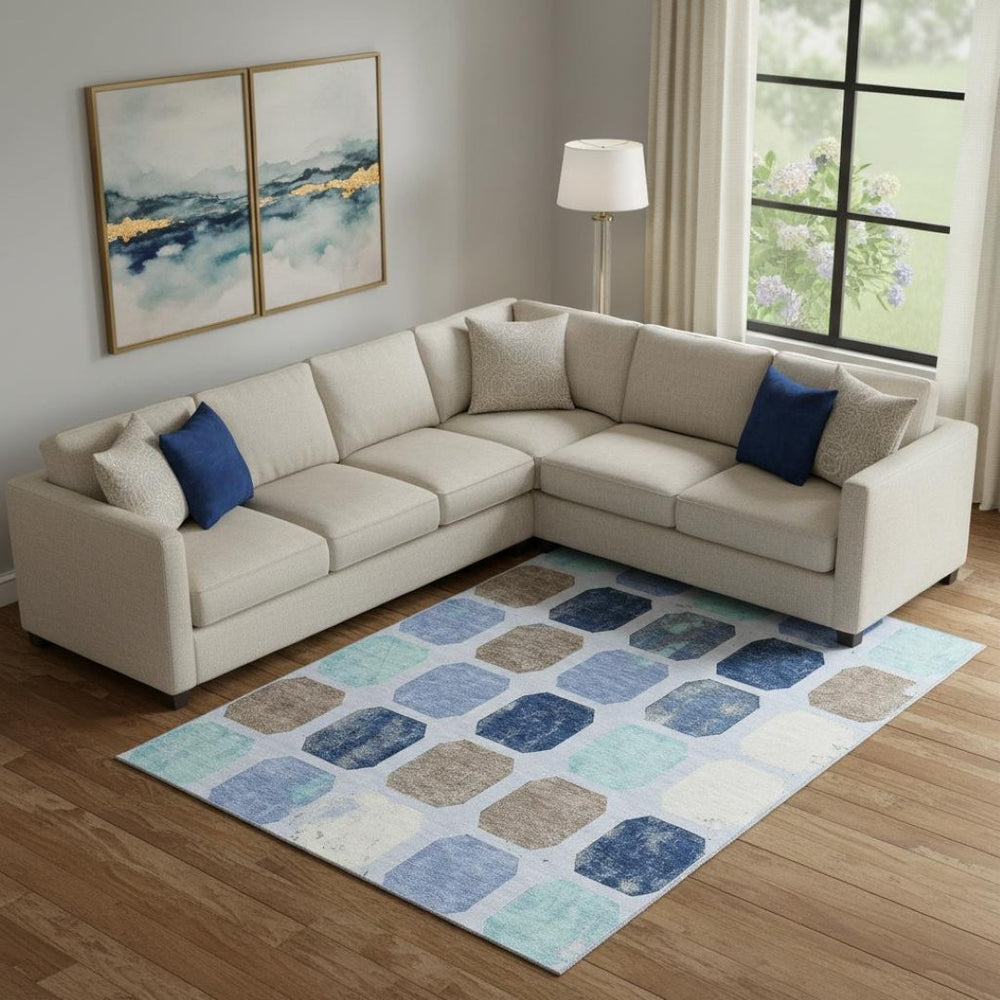 HomeRoots 10' Geometric Washable Area Rug in Denim Blue, Brown & Teal - Stain-Resistant & UV Protected Design 709198