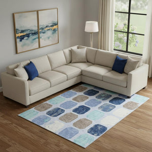 HomeRoots 10' Geometric Washable Area Rug in Denim Blue, Brown & Teal - Stain-Resistant & UV Protected Design 709198