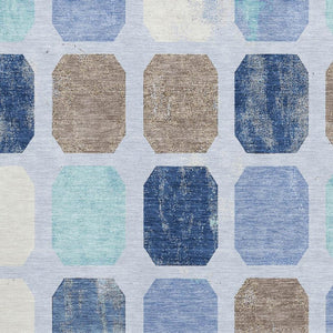 HomeRoots 10' Geometric Washable Area Rug in Denim Blue, Brown & Teal - Stain-Resistant & UV Protected Design 709198