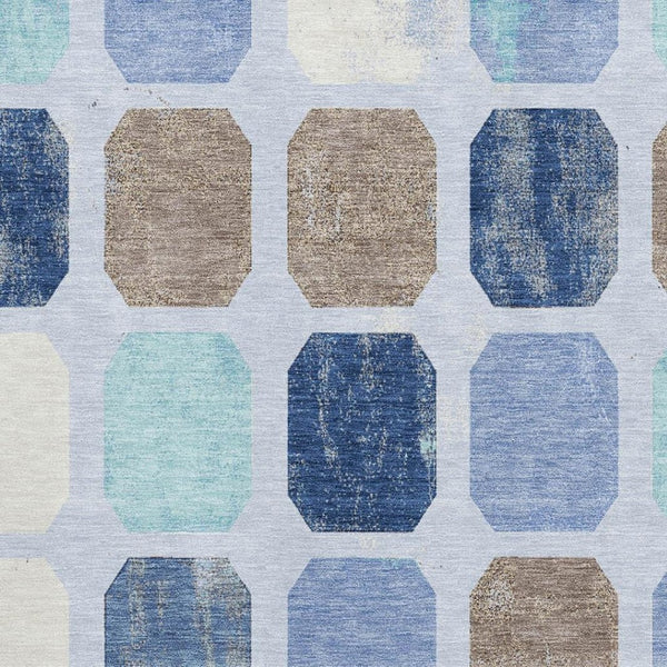 HomeRoots 10' Geometric Washable Area Rug in Denim Blue, Brown & Teal - Stain-Resistant & UV Protected Design 709198