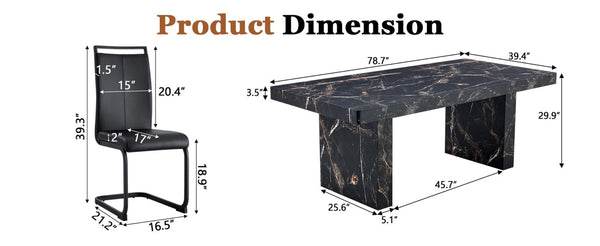 English Elm Table and Chair Set 9 Piece Black Marble Mdf Dining with 8 Pu Leather Seats W1151S03924