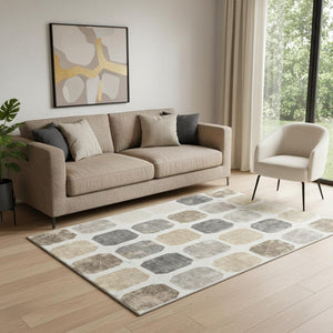 HomeRoots 8' Ivory Beige and Gray Geometric Round Rug - Washable, UV-Protected, and Perfect for High-Traffic Areas 709201