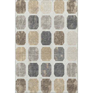 HomeRoots 8' Ivory Beige and Gray Geometric Round Rug - Washable, UV-Protected, and Perfect for High-Traffic Areas 709201