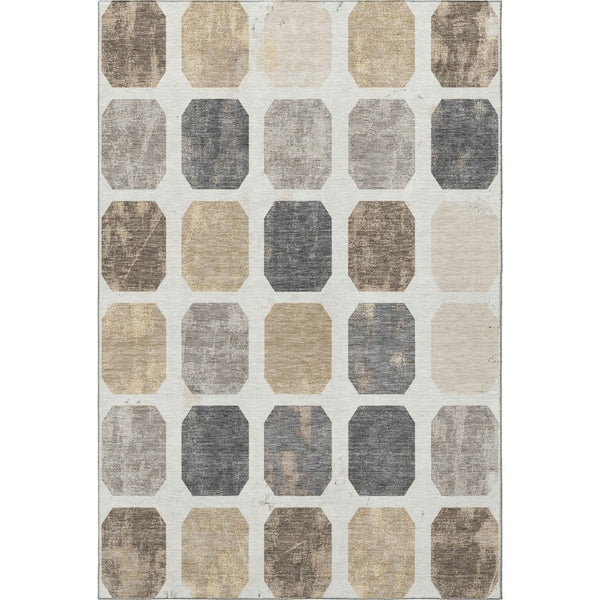 HomeRoots 8' Ivory Beige and Gray Geometric Round Rug - Washable, UV-Protected, and Perfect for High-Traffic Areas 709201
