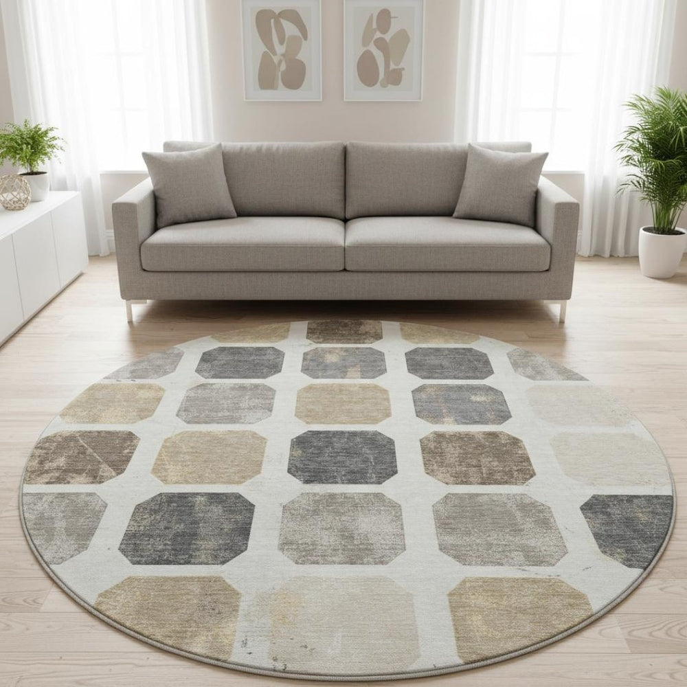HomeRoots 8' X 10' Stylish Ivory Beige & Gray Geometric Washable Area Rug with UV Protection for High-Traffic Spaces 709202