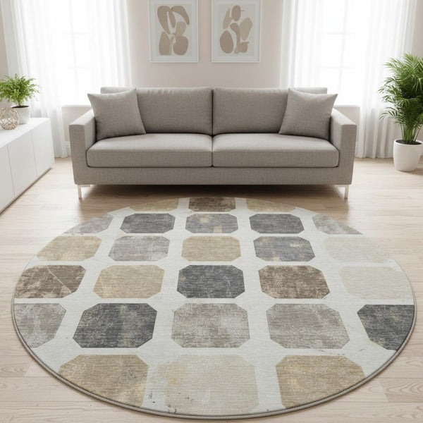 HomeRoots 8' X 10' Stylish Ivory Beige & Gray Geometric Washable Area Rug with UV Protection for High-Traffic Spaces 709202