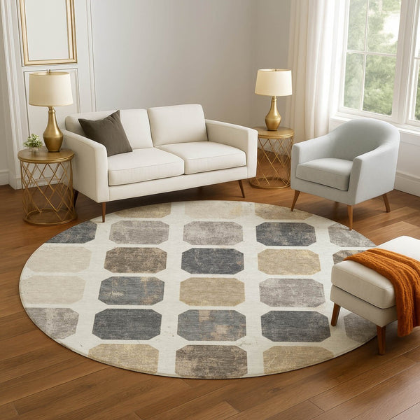 HomeRoots 8' X 10' Stylish Ivory Beige & Gray Geometric Washable Area Rug with UV Protection for High-Traffic Spaces 709202