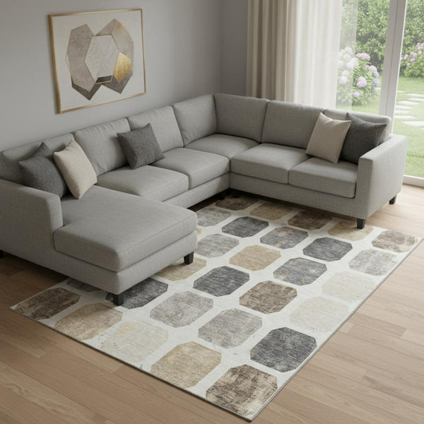 HomeRoots 9' X 12' Ivory Beige & Gray Geometric Area Rug – Washable, UV Protected, Durable for Busy Homes 709203