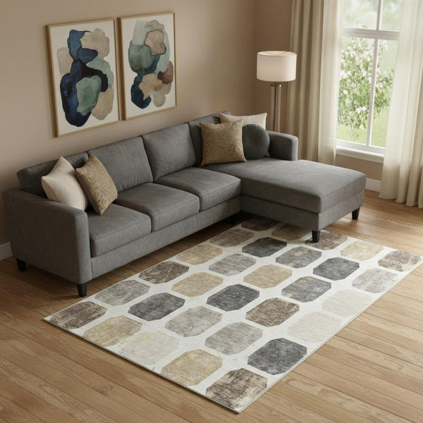 HomeRoots 10' X 14' Stylish Ivory Beige & Gray Geometric Washable Area Rug with UV Protection for Homes 709204