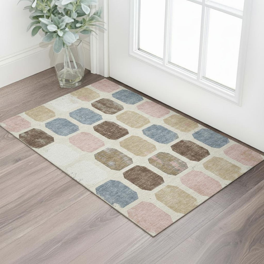 HomeRoots 5' X 8' Washable Linen Ivory & Brown Geometric Area Rug with UV Protection for High-Traffic Rooms 709206
