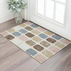 HomeRoots 5' X 8' Washable Linen Ivory & Brown Geometric Area Rug with UV Protection for High-Traffic Rooms 709206