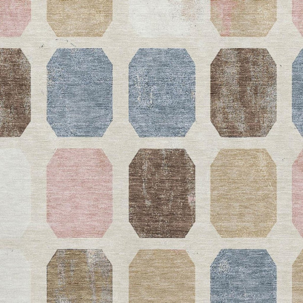 HomeRoots 5' X 8' Washable Linen Ivory & Brown Geometric Area Rug with UV Protection for High-Traffic Rooms 709206