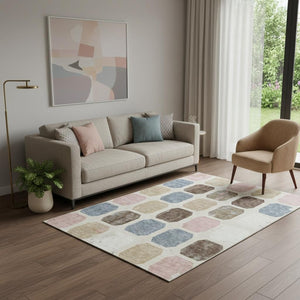 HomeRoots 8' Washable Linen Ivory & Brown Geometric Round Rug with UV Protection for Stylish Spaces 709207