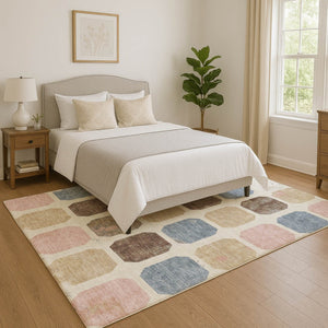 HomeRoots 8' Washable Linen Ivory & Brown Geometric Round Rug with UV Protection for Stylish Spaces 709207