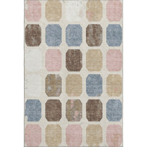 HomeRoots 8' Washable Linen Ivory & Brown Geometric Round Rug with UV Protection for Stylish Spaces 709207