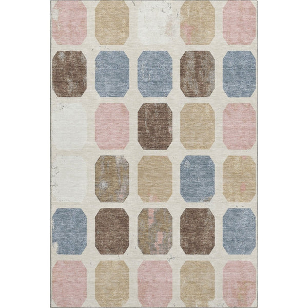 HomeRoots 8' Washable Linen Ivory & Brown Geometric Round Rug with UV Protection for Stylish Spaces 709207