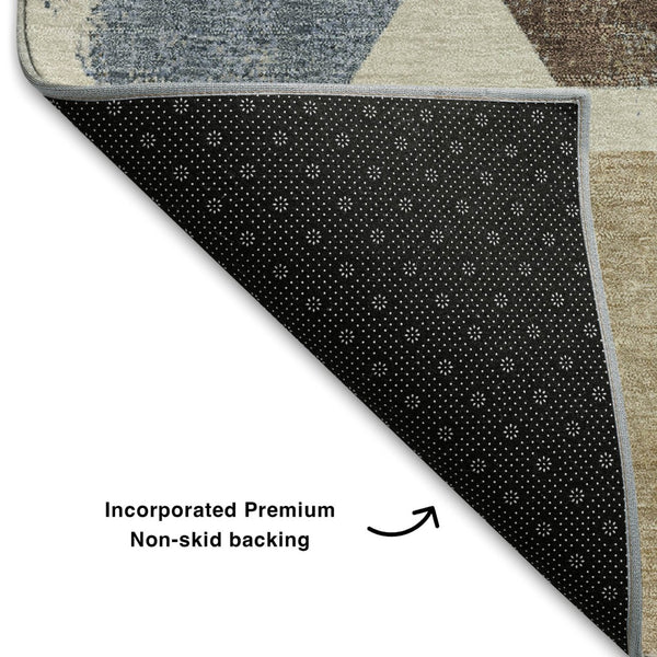 HomeRoots 8' Washable Linen Ivory & Brown Geometric Round Rug with UV Protection for Stylish Spaces 709207