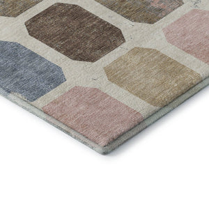 HomeRoots 8' Washable Linen Ivory & Brown Geometric Round Rug with UV Protection for Stylish Spaces 709207
