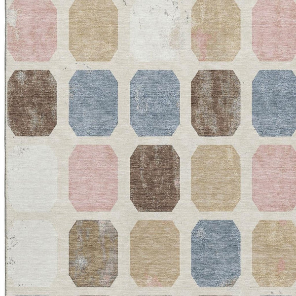 HomeRoots 8' Washable Linen Ivory & Brown Geometric Round Rug with UV Protection for Stylish Spaces 709207