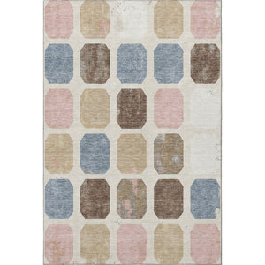 HomeRoots 8' Washable Linen Ivory & Brown Geometric Round Rug with UV Protection for Stylish Spaces 709207