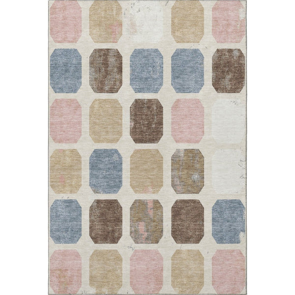 HomeRoots 8' Washable Linen Ivory & Brown Geometric Round Rug with UV Protection for Stylish Spaces 709207