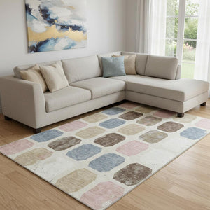 HomeRoots 9' X 12' Linen Ivory & Brown Geometric Area Rug - Washable, UV-Protected, Durable for High-Traffic Areas 709209