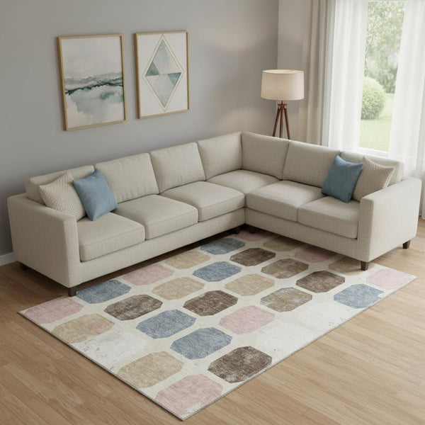 HomeRoots 10' X 14' Linen Ivory & Brown Geometric Area Rug - Washable, UV-Protected, Stain-Resistant Design 709210