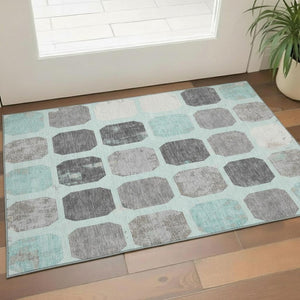 HomeRoots 5' X 8' Teal Gray Ivory Geometric Area Rug - Stylish, Washable, UV Protected for Busy Homes 709212