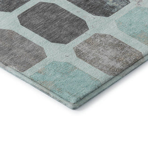 HomeRoots 8' Teal Gray and Ivory Geometric Round Rug - Washable, UV-Protected, Perfect for High-Traffic Areas 709213