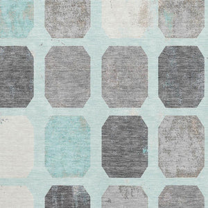 HomeRoots 8' Teal Gray and Ivory Geometric Round Rug - Washable, UV-Protected, Perfect for High-Traffic Areas 709213