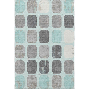 HomeRoots 8' Teal Gray and Ivory Geometric Round Rug - Washable, UV-Protected, Perfect for High-Traffic Areas 709213