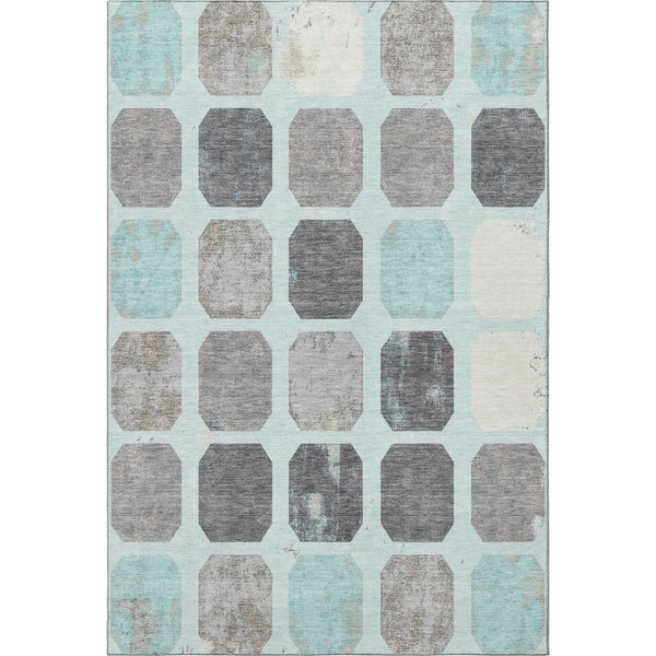 HomeRoots 8' Teal Gray and Ivory Geometric Round Rug - Washable, UV-Protected, Perfect for High-Traffic Areas 709213