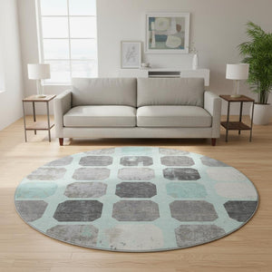 HomeRoots 8' X 10' Stylish Teal Gray & Ivory Geometric Washable Area Rug - Durable, UV-Protected, Non-Slip 709214
