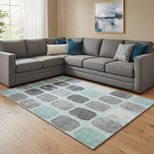 HomeRoots 9' X 12' Teal Gray Ivory Geometric Area Rug – Washable, UV Protected, Perfect for Busy Homes! 709215